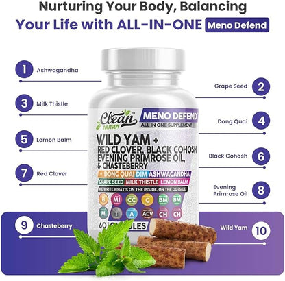 Clean Nutra Wild Yam Root Capsules with Red Clover Black Cohosh Evening Primrose Oil Chasteberry Dong Quai DIM Ashwagandha Grape Seed Extract Milk Thistle Lemon Balm and more Hormone Balance For Women