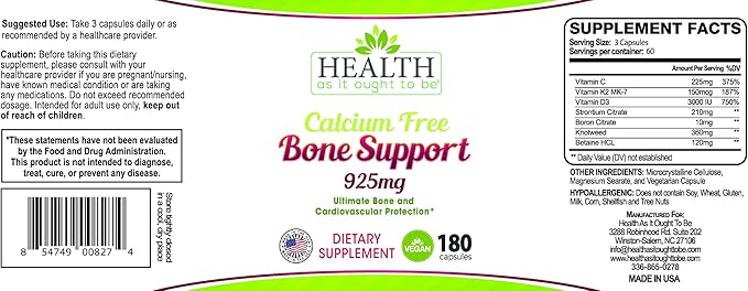 Health As It Ought To Be Calcium Free Bone Support Supplement | Ultimate Bone and Cardiovascular Protection | 180 Capsules