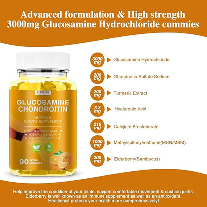 Glucosamine Chondroitin Gummies - 3000MG Extra Strength Joint Support Supplement with MSM & Elderberry, Flexibility, Antioxidant Immune Support Gummy for Adults, Men & Women - 90 Orange Gummies