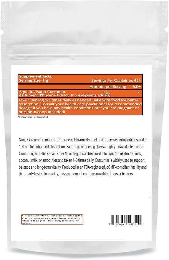Nano Curcumin Powder 16 oz (454 Servings), Pure Turmeric Extract, Maximum Absorption for Enhanced Curcumin Benefits, Non-GMO, Vegan, Gluten-Free.
