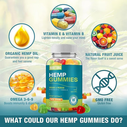 2 Packs Hemp Gummies for Sleep,Anxiety,Pain High Potency Hemp Supplement Edible Bear Gummy Extra Strength Pure Natural Hemp Oil Extract Vegan, Non-GMO