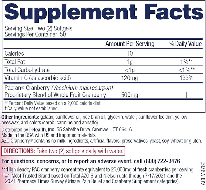 AZO Cranberry Urinary Tract Health Supplement, 1 Serving : 1 Glass of Cranberry Juice, Sugar Free Cranberry Pills, Non-GMO, 3 Month Supply, 100 Softgels (Pack of 2)