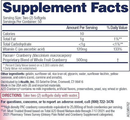 AZO Cranberry Urinary Tract Health Supplement, 1 Serving : 1 Glass of Cranberry Juice, Sugar Free Cranberry Pills, Non-GMO, 3 Month Supply, 100 Softgels (Pack of 2)