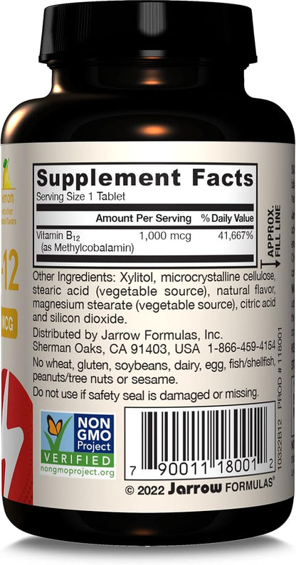 Jarrow Formulas Extra Strength Methyl B-12, Dietary Supplement for Cellular Energy Production, 100 Lemon-Flavored Chewable Tablets, Up to a 100 Day Supply