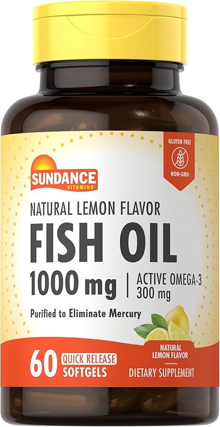 Sundance Fish Oil 1000mg | 60 Softgels | Natural Lemon Flavor | with Active Omega-3 | Non-GMO and Gluten Free Supplement
