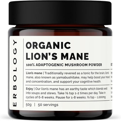 Erbology Organic Lion's Mane Mushroom Powder 50 Servings - 32% Beta-glucans - Calm and Focus - Hericium Erinaceus - Small Batch - Sustainably Grown in Europe - Vegan - Non-GMO - No Added Fillers