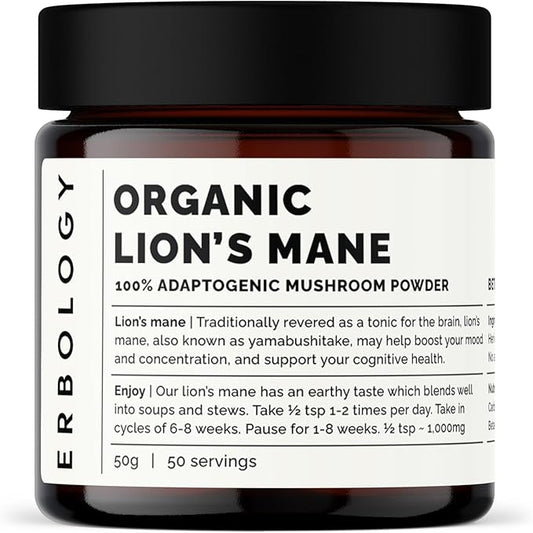 Erbology Organic Lion's Mane Mushroom Powder 50 Servings - 32% Beta-glucans - Calm and Focus - Hericium Erinaceus - Small Batch - Sustainably Grown in Europe - Vegan - Non-GMO - No Added Fillers