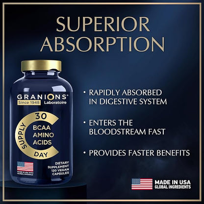 Essential Amino Acids Supplement for Men & Women - All 9 BCAAs EAA Supplements Formula - Leucine Amino Acid, Lysine, Tryptophan, Advanced Amino Energy & Muscle Recovery - 120 Vegan BCAA Capsules