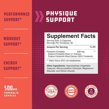 100% Forskolin Supplement-Pure Forskolin Extract Supplement with Potent Coleus Forskohlii 500 mg per serving for Enhanced Energy for Adults-Plant-Based Energy Supplements for Women and Men-60 Capsules