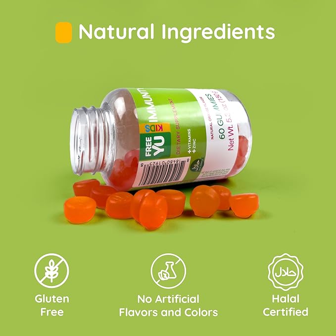Kids Immunity Gummy - Dietary Supplement with Vitamins for Kids & Children - Chewable Multivitamin Booster Gummies with B12, Zinc, Vitamin C, D, E, A - Gluten Free & Halal - 60 Gummies (5.3 oz)