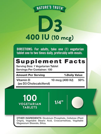 Nature's Truth Vitamin D3 | 400 iu (10 mcg) | 100 Tablets | Vegetarian, Non-GMO, & Gluten Free Supplement
