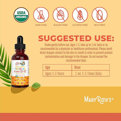 MaryRuth Organics Vitamin D3 | Vitamin K2 | Vitamin D3 K2 Drops | K2 D3 Vitamin Liquid Supplement for Toddlers | Kids Supplement for Calcium Absorption Strong Bones | Vegan | Gluten Free | 1 Fl Oz