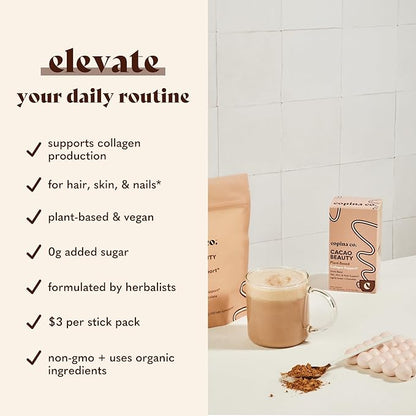 Cacao Beauty Vegan Collagen Booster Drink Blend: Plant-Based Collagen Support Smoothie Drink Vegan Blend Variety Pack | Cacao Flavor | 10 Individual Stick Packs per Carton