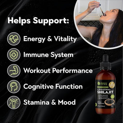 Maxx Herb Pure Himalayan Shilajit – Liquid Liposomal Formula with Black Pepper BioPerine & Cacao - Energy Boost & Immune Support, 85+ Trace Minerals, 20% Fulvic Acid – 4 Oz Bottle (60 Servings)