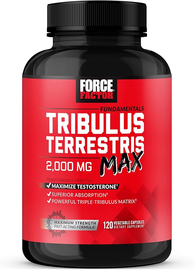 FORCE FACTOR Tribulus Terrestris Max for Men, Testosterone Booster and Male Vitality Supplement, for Superior Absorption, 2000mg, 120 Capsules
