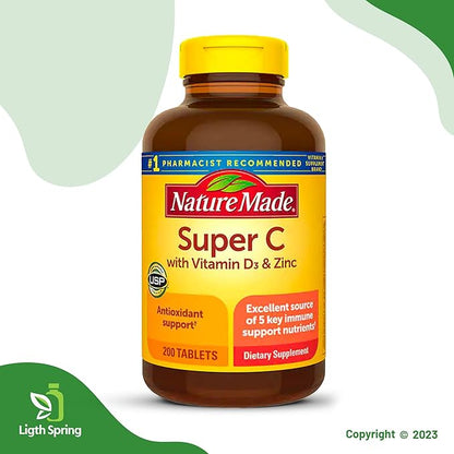 Super C with Vitamin D3 & Zinc 200 Tablets with Exclusive A to Z - Better Ligth&Spring Guide (2 Items)