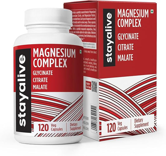 STAY ALIVE Triple Magnesium Complex Supplement 500mg, Chelated Glycinate, Citrate & Malate Powder, High Absorption Magnesium for Women and Men, 120 Pills, Non-GMO & Gluten-Free Capsules