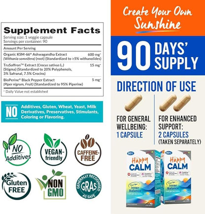 LABO Nutrition Happy Calm with KSM-66 Ashwagandha, Saffron Extract and Black Pepper Extract for Stress, Cognitive Health, Immune Boost, Quality Sleep, 5% Withanolides, 90 Vegan Capsule