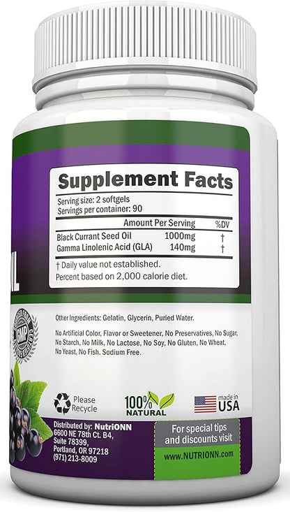 Black Currant Oil - 1000 Mg - 180 Softgels - Cold-Pressed Pure Black Currant Seed Oil - Hexane Free - 140mg GLA Per Serving - Regulates Hormonal Balance - Great for Immune System, Hair and Skin