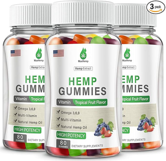 Hemp Gummies 3 Packs for Pain, Sleep, Anxiety - 100% Natural Organic Hemp Gummy Extra Strength High Potency with Pure Hemp Oil Extract Vegan Edible Bear Candy