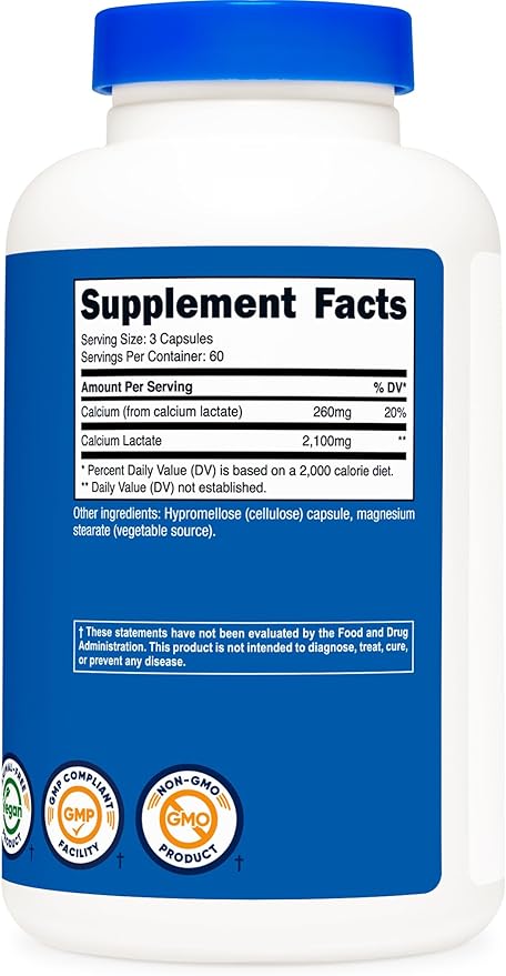 Nutricost Calcium Lactate 2,100mg; 180 Capsules - Vegan, Non-GMO and Gluten Free, 60 Servings