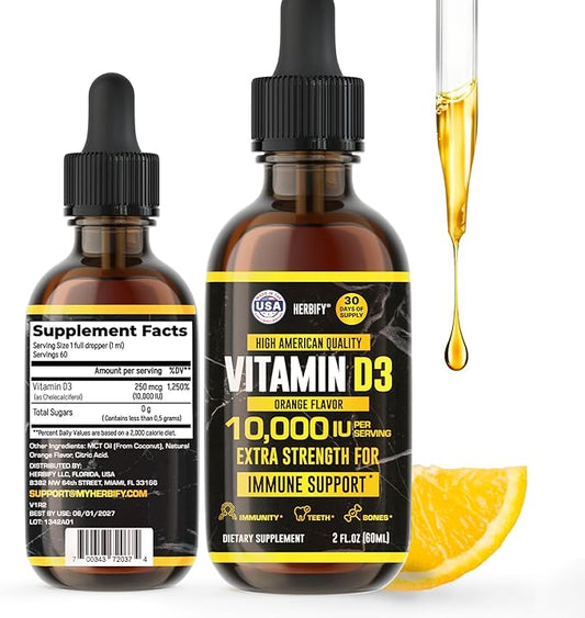 HERBIFY Vitamin D3 10000 IU - Made in USA Liquid Vitamin D Drops - Bone Strength and Immune Support Supplement - Sunshine Replacement - D3 Vitamin Bone and Teeth Supplement - 2 Oz