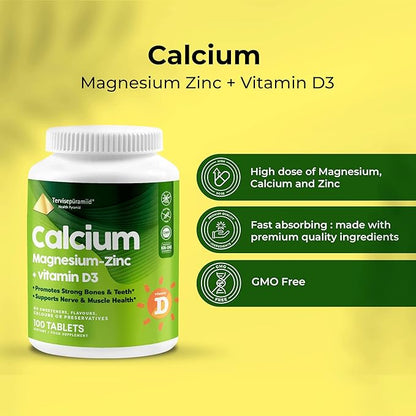 Health Pyramid Calcium Magnesium Zinc with Vitamin D3 Supplement for Strong Bones and Teeth Cal Mag Zinc Supports Nerve and Muscle Health 100 Vegan Tablets