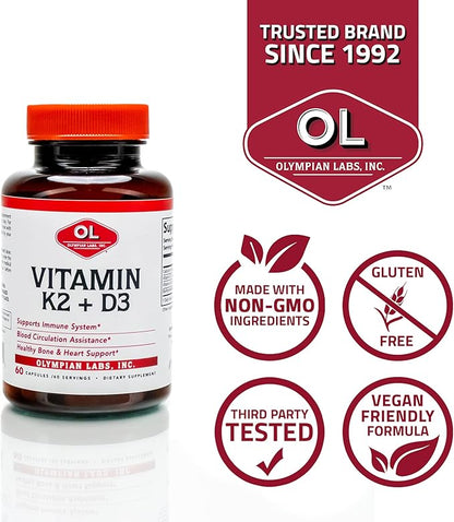 Olympian Labs Vitamin K2 + D3, 60 Servings, Supports Immune System, Bone and Heart Support, 60 Vegan Capsules (Pack of 2)