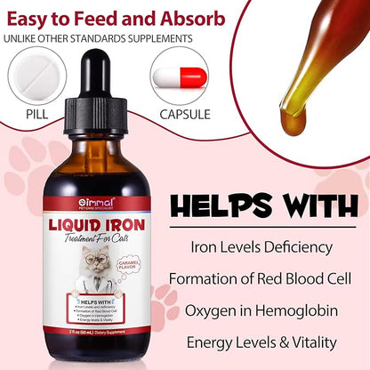 Liquid Iron Supplements for Cats and Kittens - with Folate and B12 – Supplements Anemia, Promotes Blood Health, Oxygen Supply and Blood Cell Formation – Increase Low Energy Levels – Lethargy - 2 oz