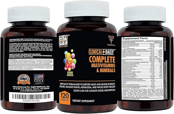 Clinical Daily Complete Whole Food Multivitamin Supplement for Women & Men - Complete Liquid Vitamin Absorption! 42 Superfood Fruits Vegetables - Young Adult to Senior - 120 Liquid Capsules