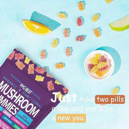 Organic & Functional Mushroom Gummies Supplement ASHWAGANDHA,REISHI,Turkey Tail MAITAKE, SHATAKE Chaga CORDYCEPS BOOSTS Cognitive,Performance Gluten Free,Vegan Low CARB,GUMMIES80