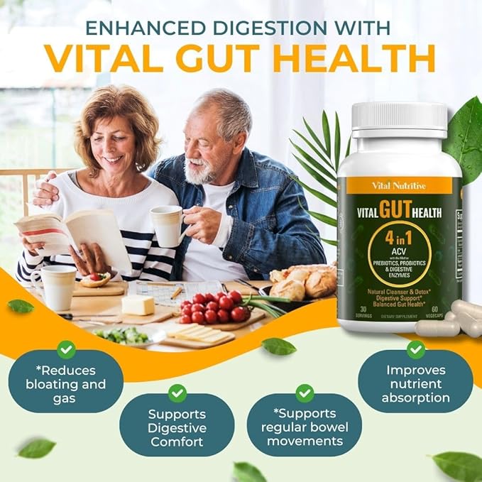Vital Gut Health 4in1 Formula with Apple Cider Vinegar, Prebiotics & Probiotics, Digestive Enzymes for Strong Immunity Support and Complete Gut and Digestion Support