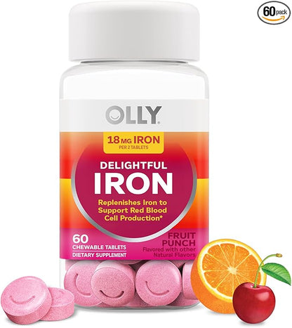 OLLY Delightful Iron Chewable Tablet, Iron Supplement from AB Fortis, Fruit Punch Flavor, 30 or 20 Day Supply - 60 Count