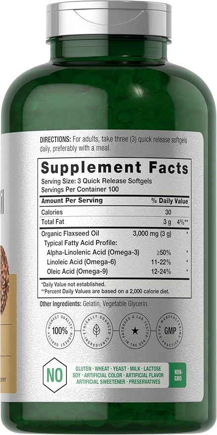 Horbäach Flax Seed Oil Softgels 3000mg | 300 Capsules | Cold Pressed | with Omega 3 6 9 | Alpha-Linolenic, Linoleic, and Oleic Acid | High Potency | Non-GMO & Gluten Free Supplement