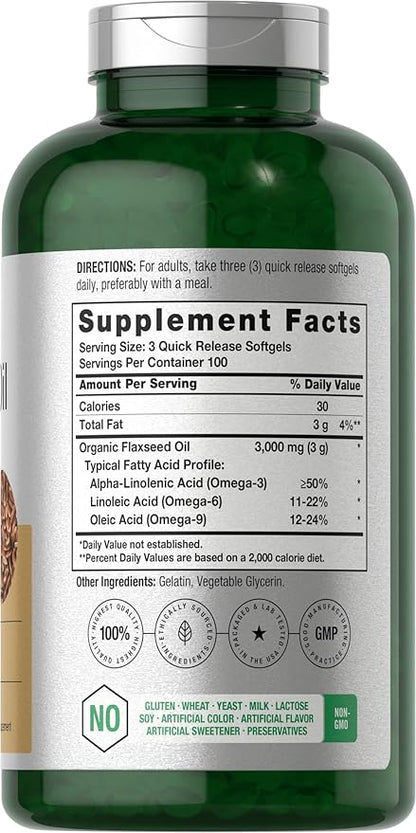 Horbäach Flax Seed Oil Softgels 3000mg | 300 Capsules | Cold Pressed | with Omega 3 6 9 | Alpha-Linolenic, Linoleic, and Oleic Acid | High Potency | Non-GMO & Gluten Free Supplement