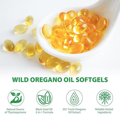 Oil of Oregano Softgels 6000mg, 2 in 1 Formulated with Black Seed Oil 200mg, Immune Support, Organic Oregano Oil Capsules, Natural Defense Supplement, Non-GMO, Easy to Swallow, 240 Softgels