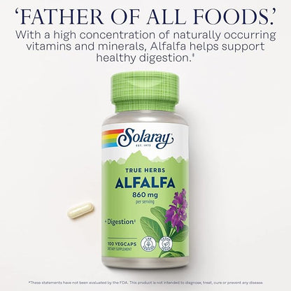 SOLARAY Alfalfa Leaf 860 mg, Alfalfa Capsules, Superfood with Naturally Occurring Vitamins, Minerals, and Fiber, Healthy Digestion Support, Vegan, 60-Day Guarantee, 50 Servings, 100 VegCaps