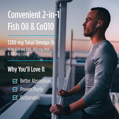 Nordic Naturals Ultimate Omega + CoQ10, Lemon - 60 Soft Gels - 1280 mg Omega-3 + 100 mg CoQ10 - Heart Health, Cellular Energy, Antioxidant Support - Non-GMO - 30 Servings