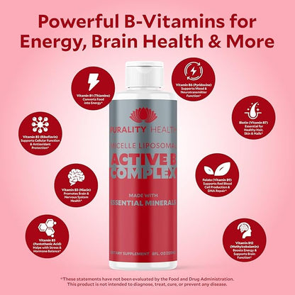Vitamin B Complex Liquid Supplement, Purality Health, Liposomal Enhanced Absorption, B1, B2, B3, B5, B6, B12 & Biotin + Essential Minerals, 15 Day Supply