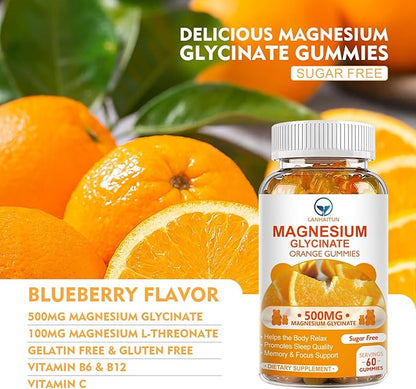 Magnesium Glycinate 500mg Gummies with 100mg Magnesium L-Threonate for Adult Kids,Magnesium Gummies Sugar Free Magnesium Potassium Supplement with Vitamin D,B6,CoQ10 (60 Pack, Orange)