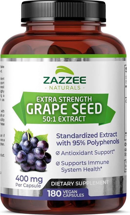 Zazzee High Strength Grape Seed 50:1 Extract, 180 Vegan Capsules, 95% Polyphenols, 400 mg per Capsule, 6 Month Supply, Standardized and Concentrated 50X Extract, Non-GMO, Made in The USA