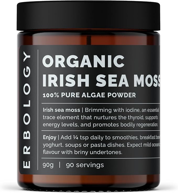 Erbology Organic Irish Sea Moss Powder 3.2 oz - 90 Servings - Sustainably Sourced in Ireland - Supports Metabolism and Skin Health - Rich in Iodine - Small Batch - GMO-Free