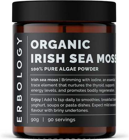 Erbology Organic Irish Sea Moss Powder 3.2 oz - 90 Servings - Sustainably Sourced in Ireland - Supports Metabolism and Skin Health - Rich in Iodine - Small Batch - GMO-Free