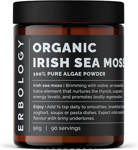 Erbology Organic Irish Sea Moss Powder 3.2 oz - 90 Servings - Sustainably Sourced in Ireland - Supports Metabolism and Skin Health - Rich in Iodine - Small Batch - GMO-Free