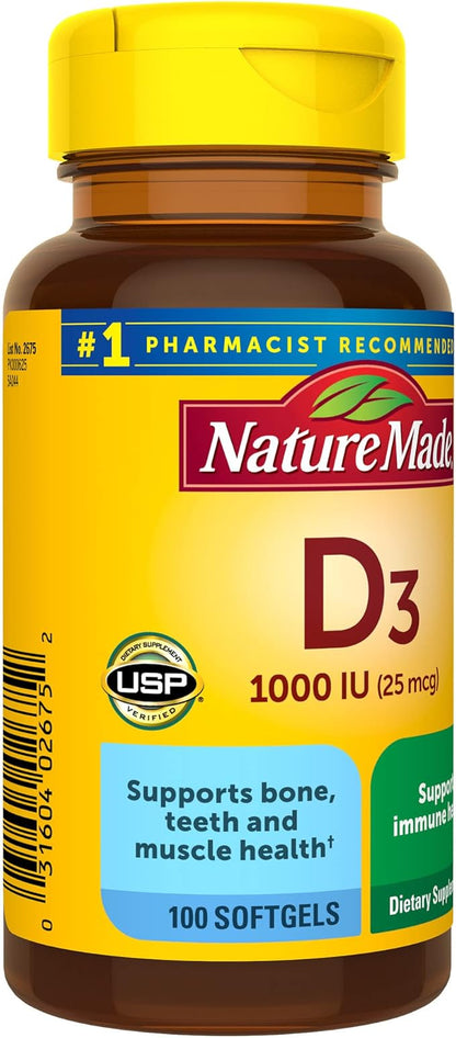 Nature Made Vitamin D3 1000 IU (25 mcg), Dietary Supplement for Bone, Teeth, Muscle and Immune Health Support, 100 Softgels, 100 Day Supply (Pack of 2)