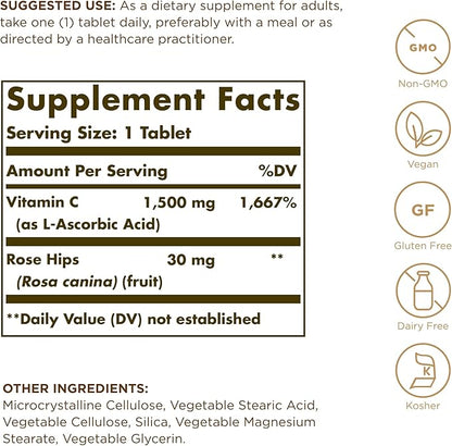 Solgar Vitamin C 1500 mg with Rose Hips - 90 Tablets - Antioxidant & Immune Support - Non-GMO, Vegan, Gluten Free, Dairy Free, Kosher - 90 Servings