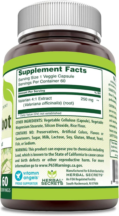 Herbal Secrets Valerian Root Extract 4:1 250 Mg 60 Veggie Capsules Supplement | Non-GMO | Gluten Free | Made in USA