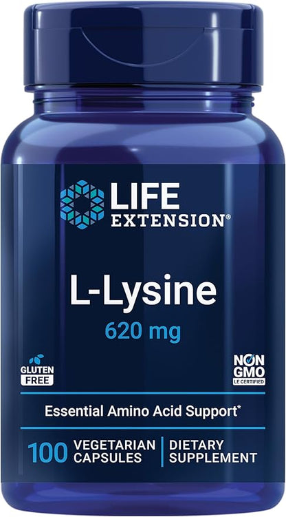 Life Extension L-Lysine, 620 mg, Essential Amino Acid for Healthy nitrogen Balance, Calcium Metabolism, Stress Response & More, Gluten-Free, Non-GMO, Vegetarian, 100 Capsules