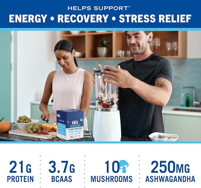 OM MUSHROOM SUPERFOOD Master Blend Mushrooms & Adaptogens, Creamy Vanilla Plant Protein, Single Serve, 10 Count, 10 Mushroom Complex, Lion's Mane, Ashwagandha for Energy, Recovery, Stress Relief