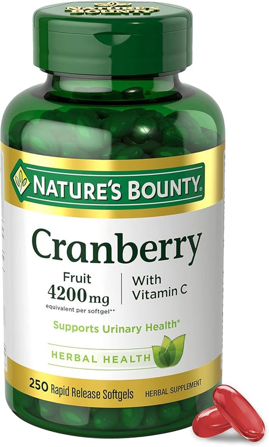 Nature's Bounty Cranberry Pills for Women Urinary Tract Health, Cranberry Supplements with Concentrate & Vitamin C, 250 Softgels (Pack of 1)